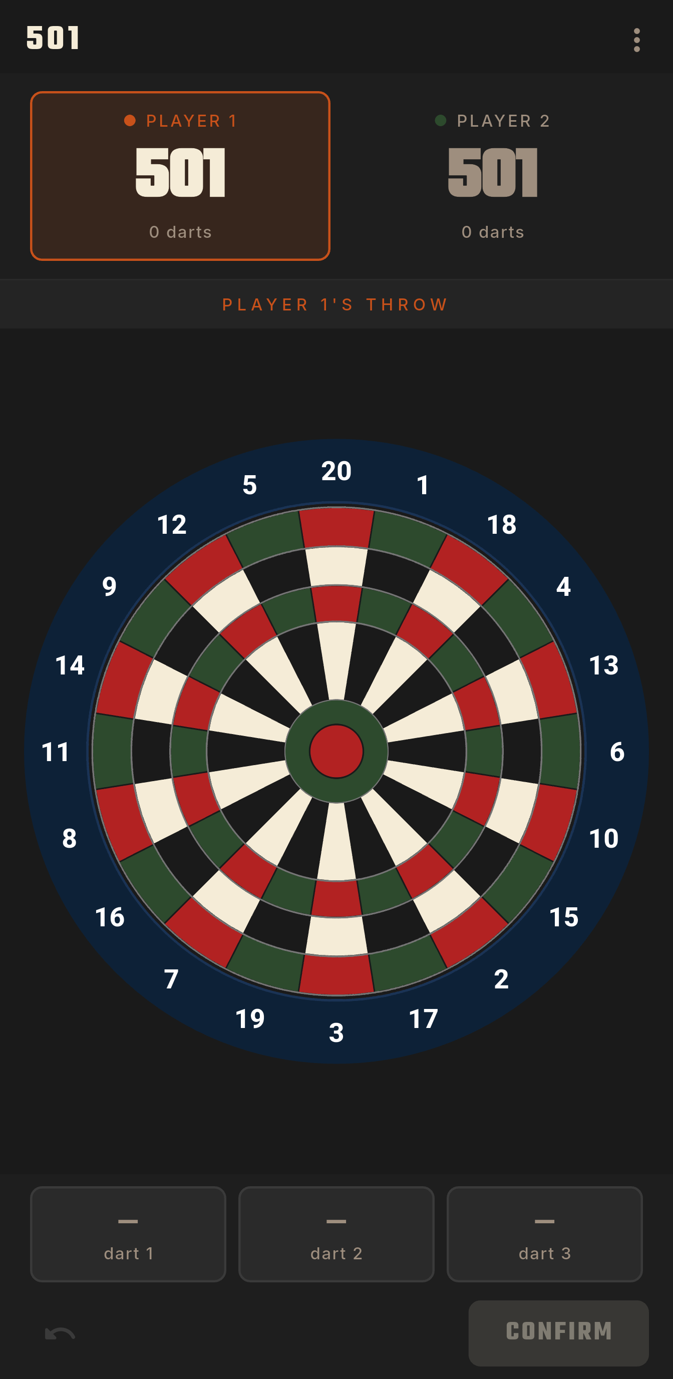 The dartboard at the start of a game