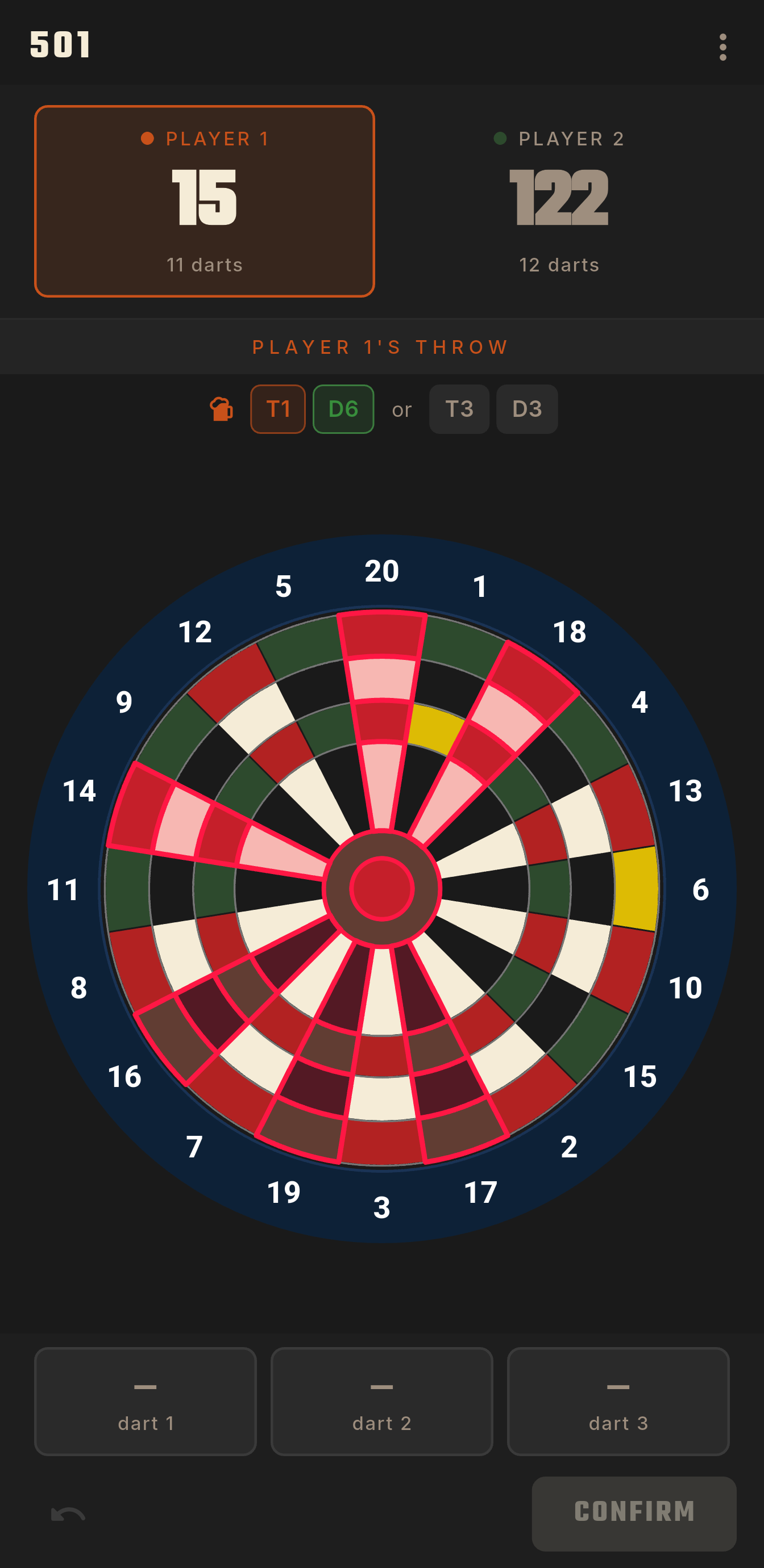 Mid-game with bust zones highlighted in red and checkout suggestions in gold